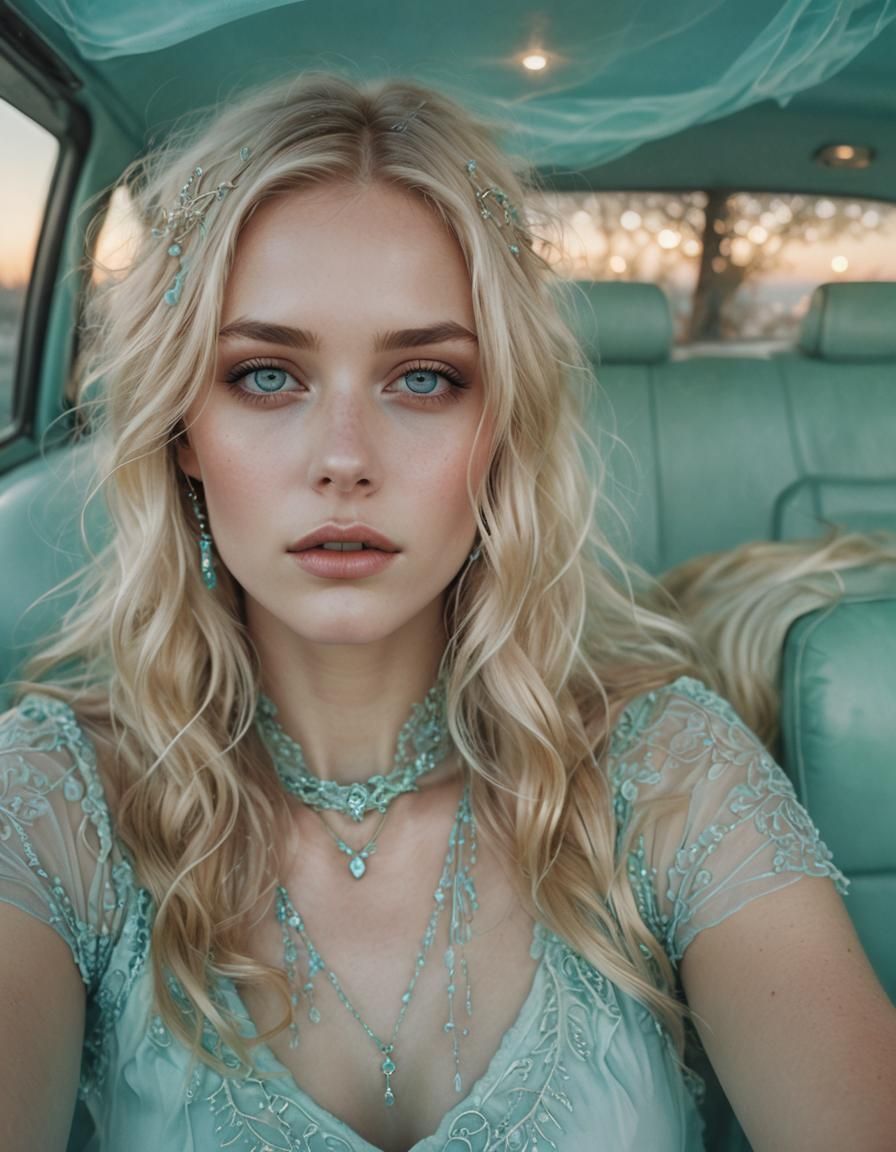 Ethereal Blonde Portrait in Aqua Haze: Art Nouveau Style