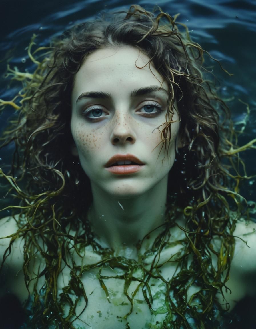 Psychedelic Bioluminescent Ocean Lady in Retro Polaroid