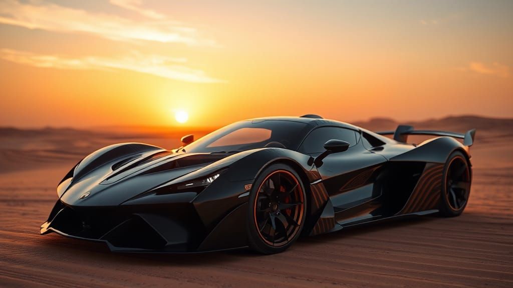 Futuristic Supercar in Desert Sunset, Hyperrealistic Render