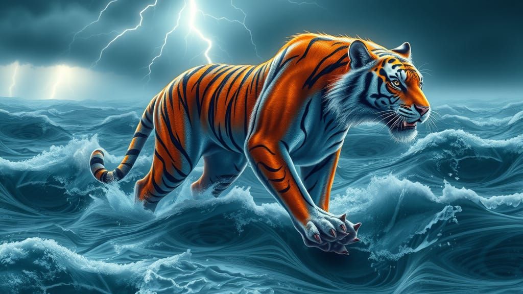 Gargantuan Tiger Rides Stormy Seas in Cyberpunk Surrealist S...