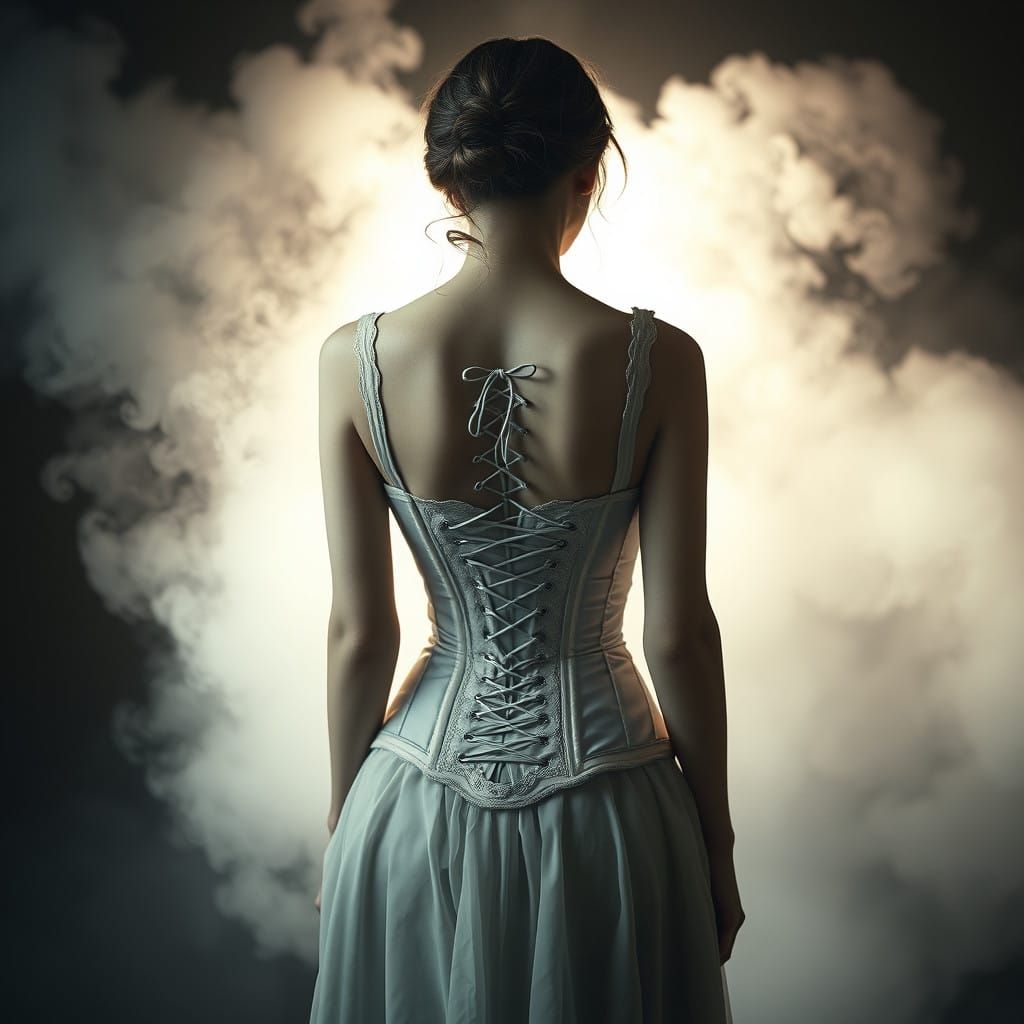 Elegant Woman in Mystical Corset, Shrouded in Fog