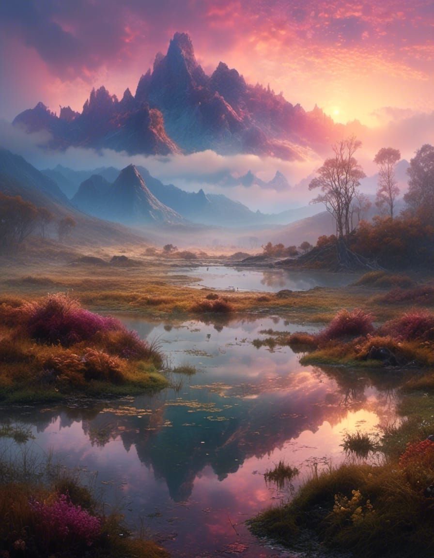 Misty Magical Sunset Landscape with Boggy Pond