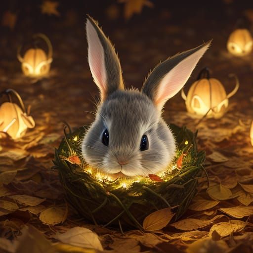 Cute Bunny Emerging from Autumn Leaves in Fantasy Concept Ar...