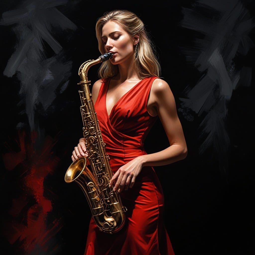 Blonde Woman Playing Saxophone in Vibrant Oil Painting