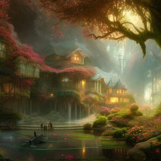 Magical Landscape with Fairy Cottage in Solarpunk Style