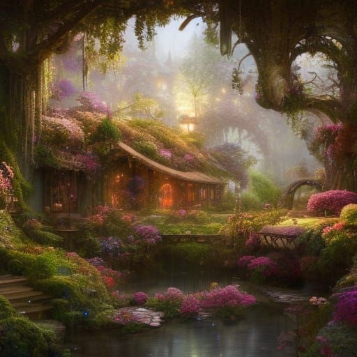 Magical Treehouse Cottage in Hyperdetailed Solarpunk Landsca...