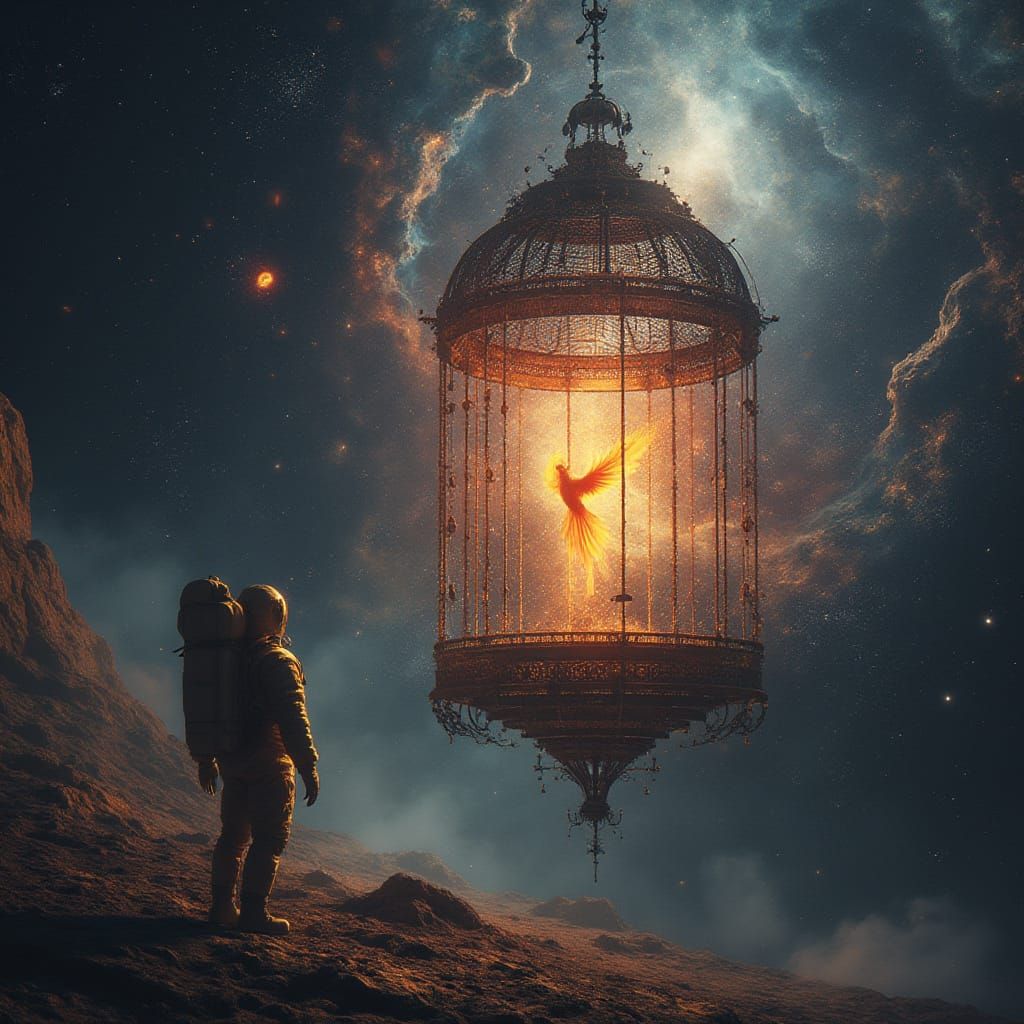 Astronaut Gazes at Cosmic Birdcage with Phoenix