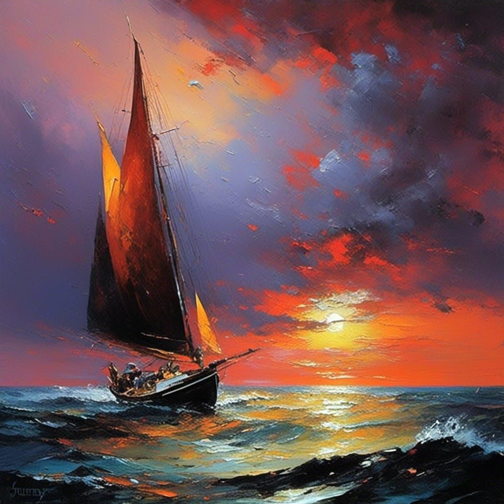 Sailboat Sunset: Impasto Oil Painting Seascape