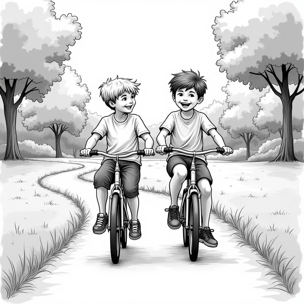 Serene Summer Afternoon: Two Boys Cycling in a Whimsical Par...