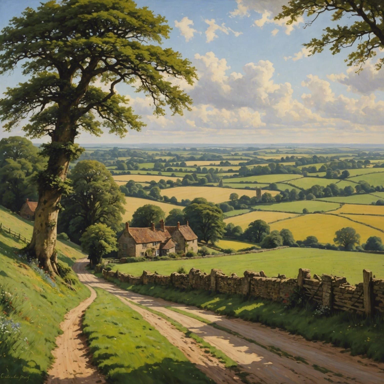 Idyllic English Countryside Landscape in Oil
