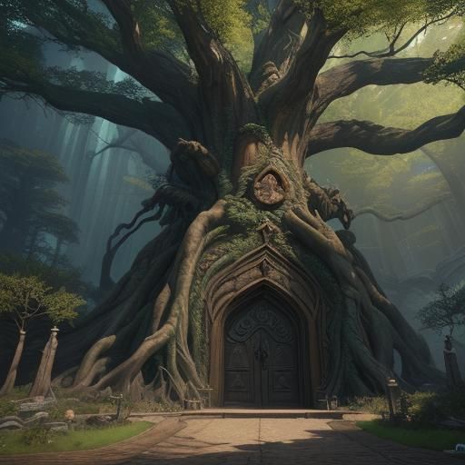Giant Tree with Elvish Writing, Detailed Matte Painting