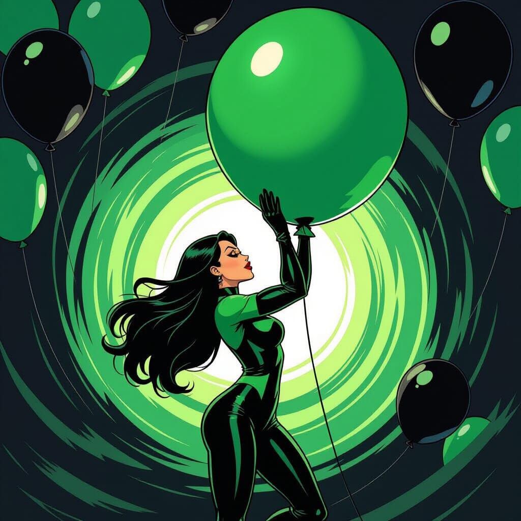 Shego Hugs Green Lipstick Balloon Amidst Swirling Balloons