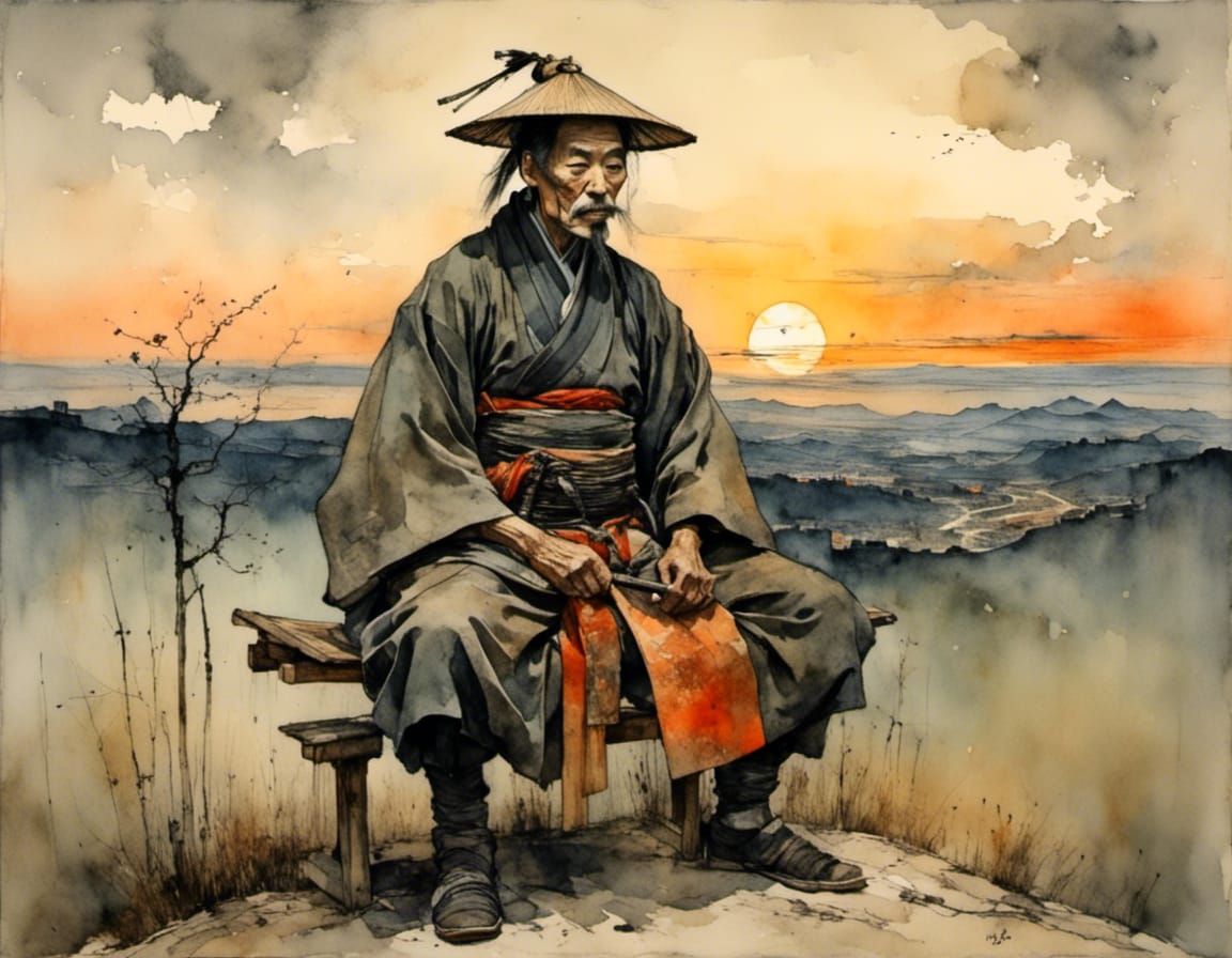 Samurai Sunset Meditation: Stylized Japanese Warrior