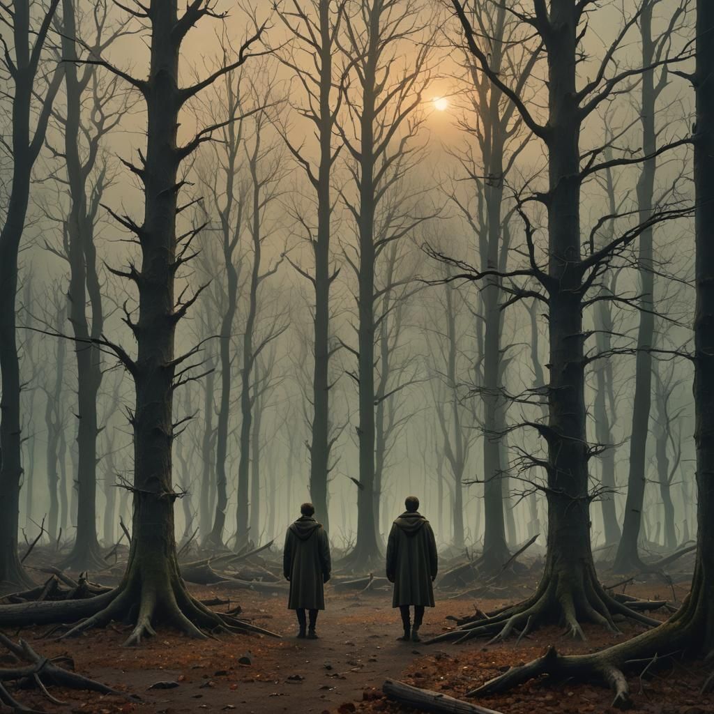 Figure in Gloomy Forest Clearing at Dusk