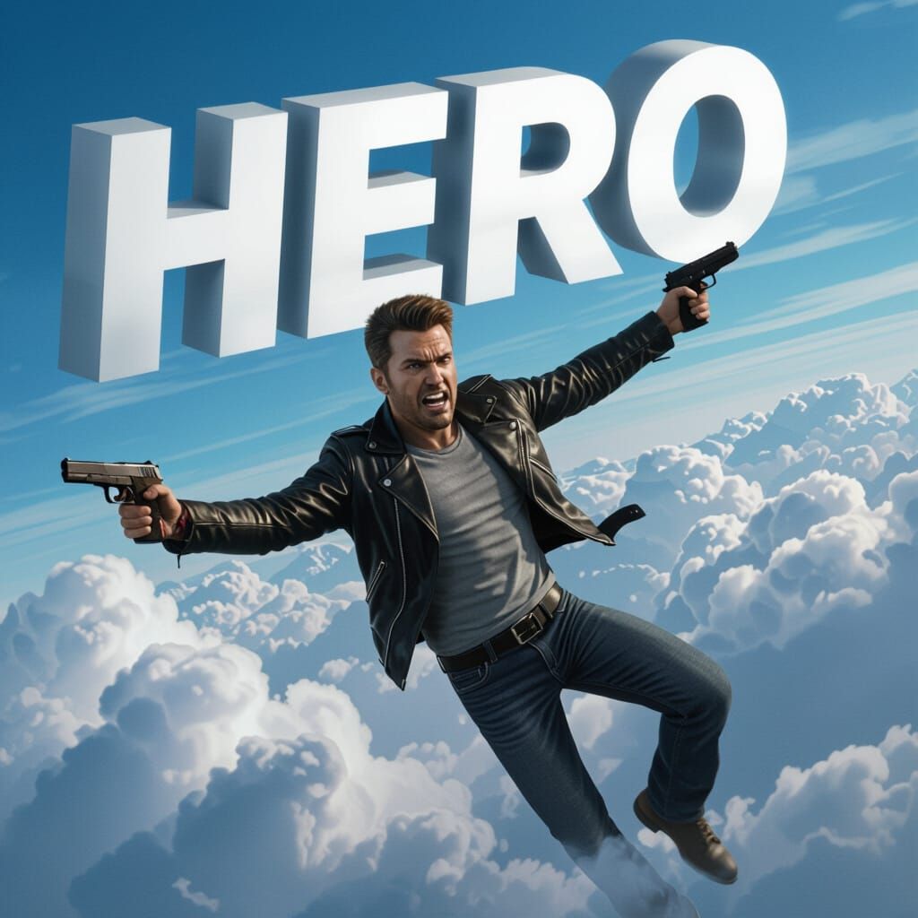 Man Soaring Through Clouds Holding iPod, Pistol to Head