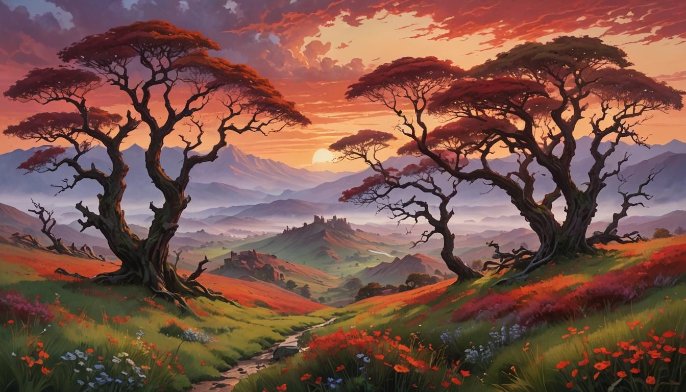 Surreal Green Hills Under Crimson Sky