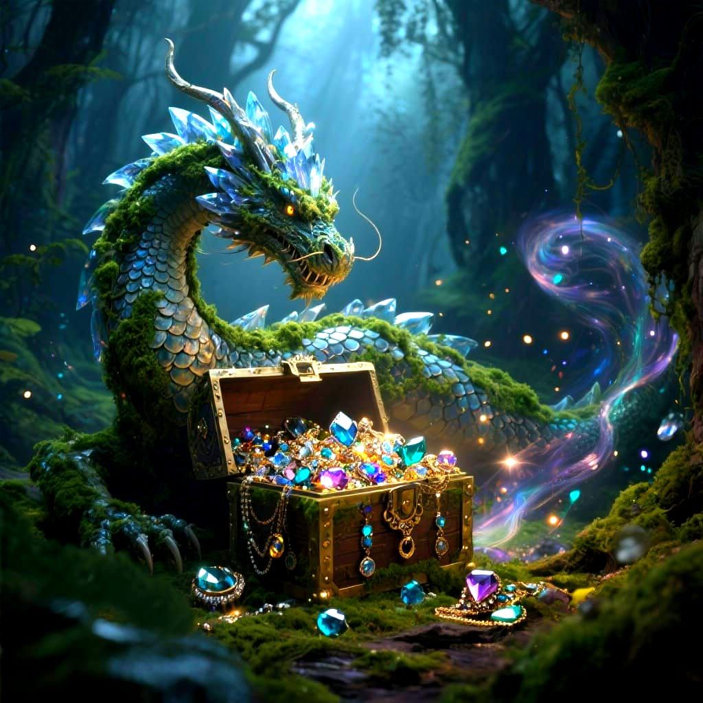 Moss Crystal Dragon Hoarding Forest Treasure