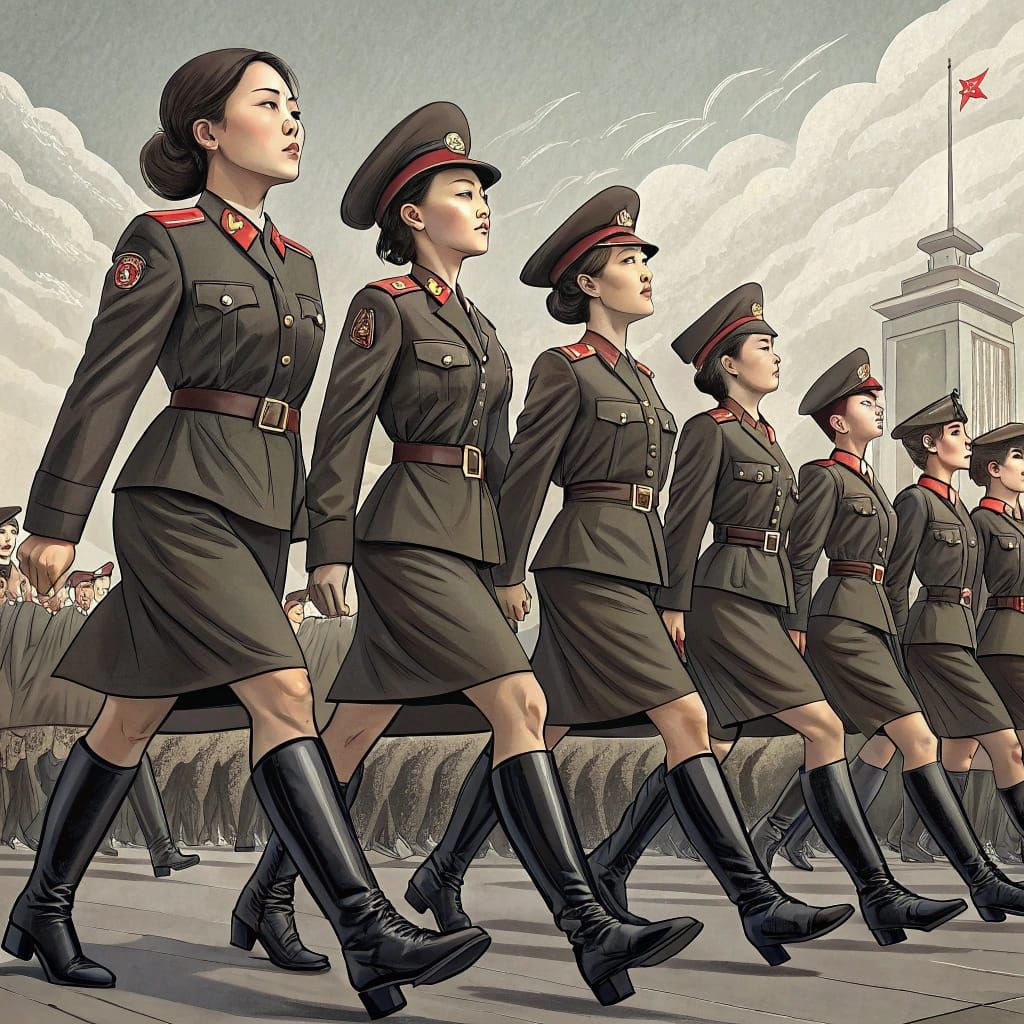 North Korean Female Soldiers in Military Formation Parade