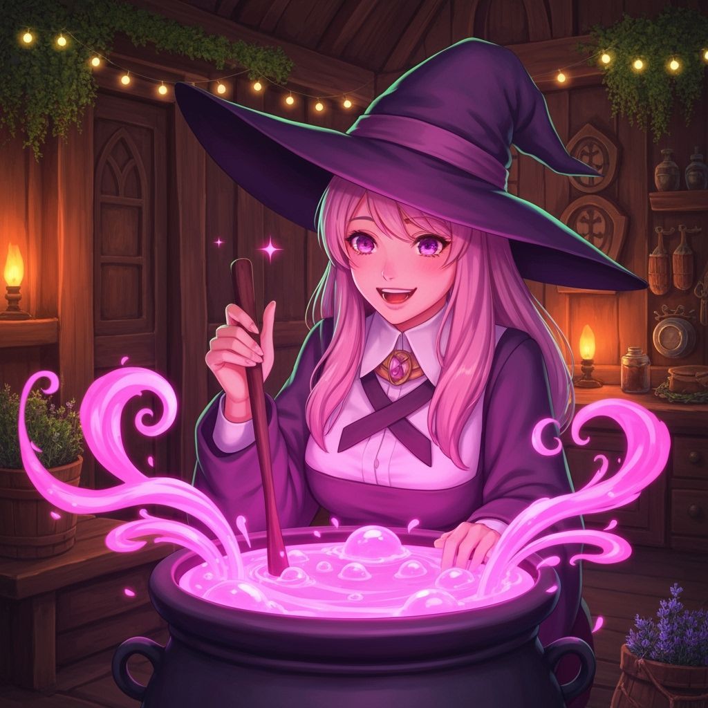 Joyful Witch Brews Pink Love Potion in Cozy Cottage