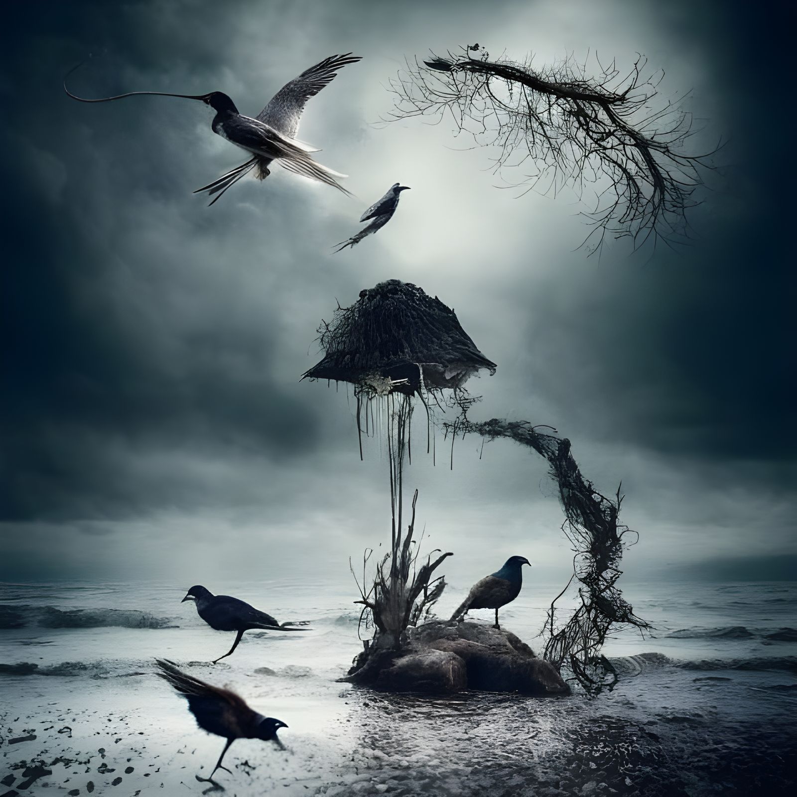 Ethereal Birds by the Ocean in Paranormalpunk Style