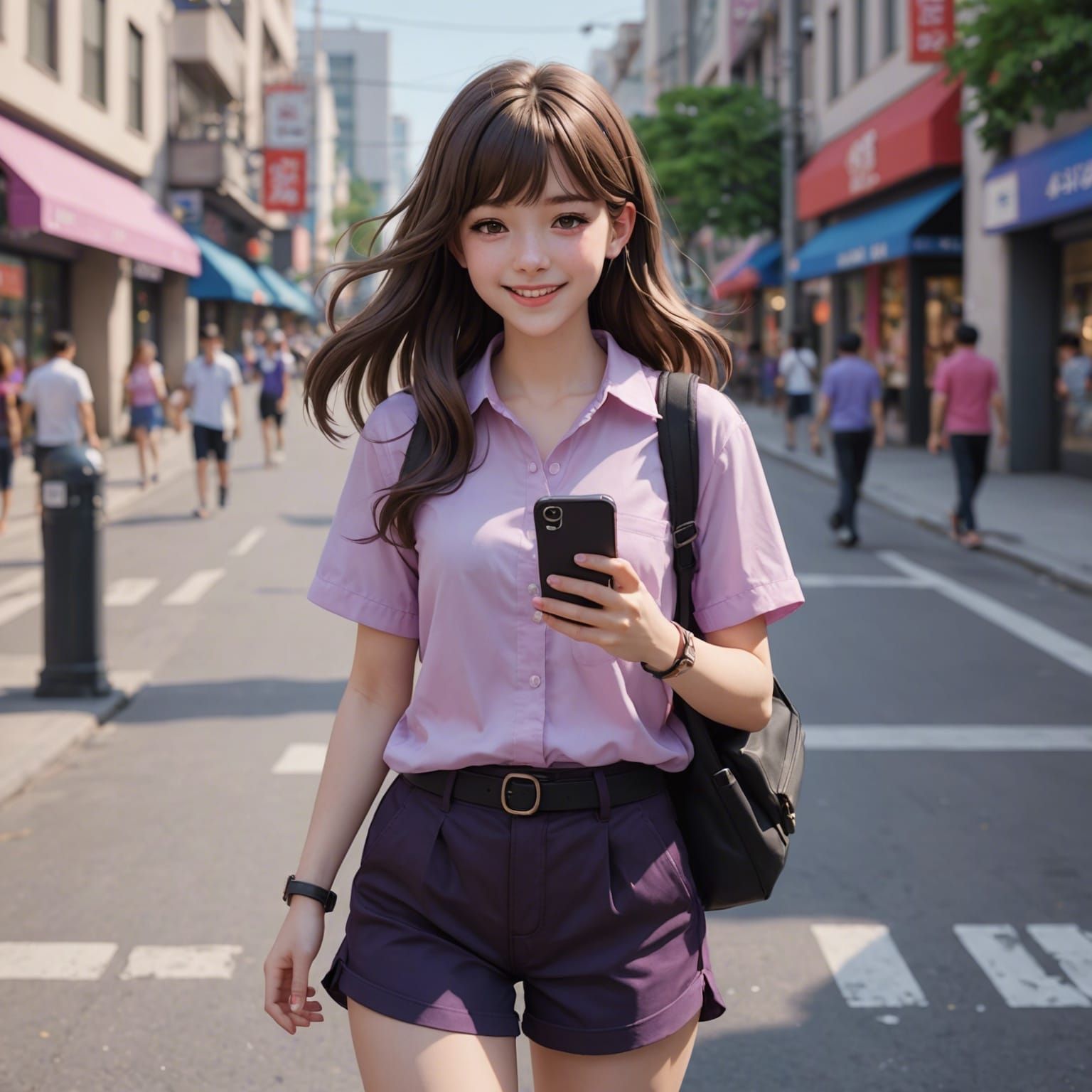Happy Girl on Street, Anime Style 3D Art