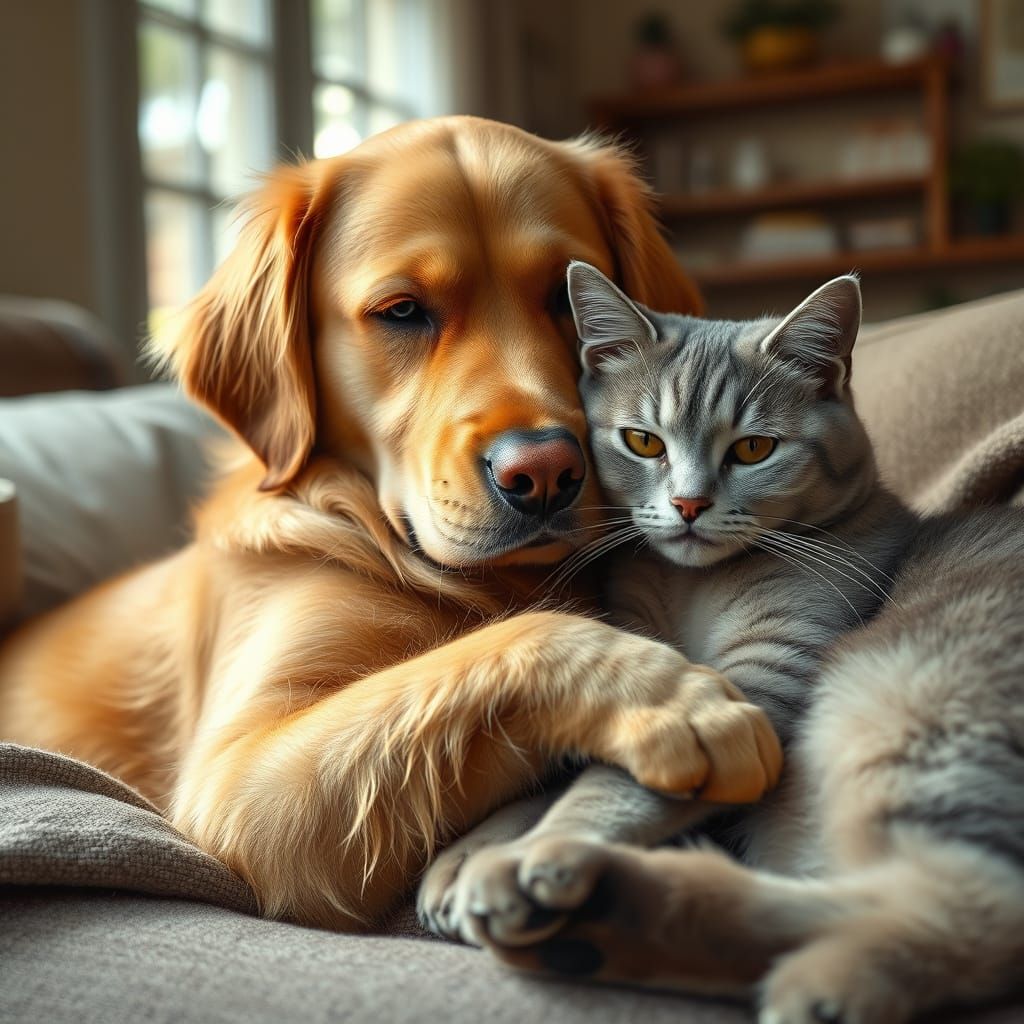 Golden Retrievers and British Shorthairs in Cozy Harmony