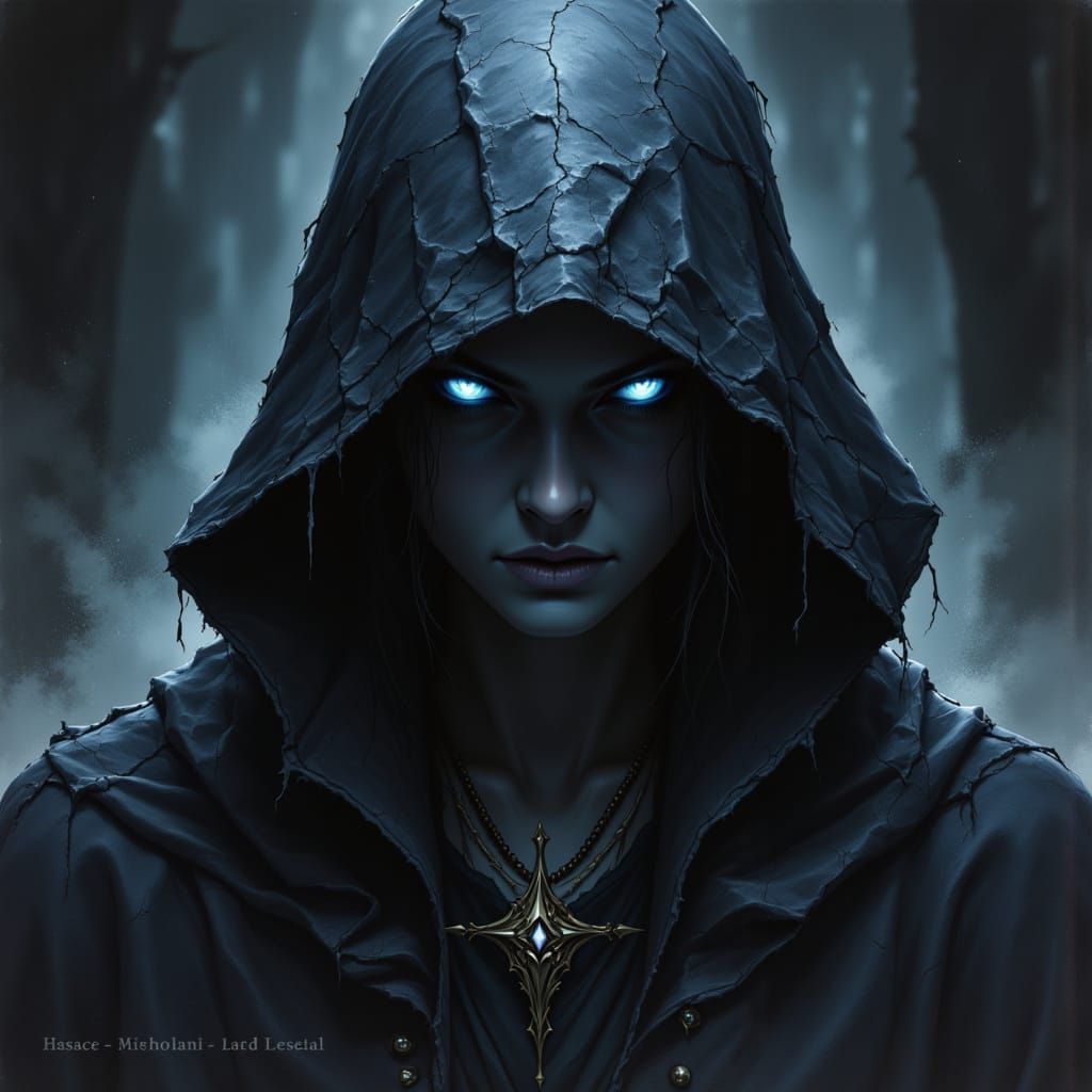 Mysterious Dark Fantasy Figure with Piercing Blue Eyes