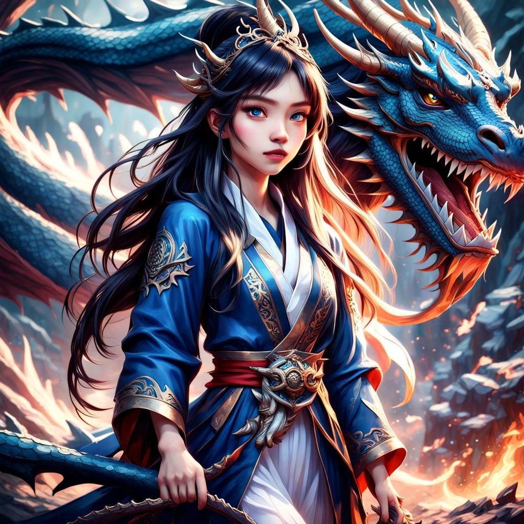 Anime Princess with Dragon, Fantasy Art