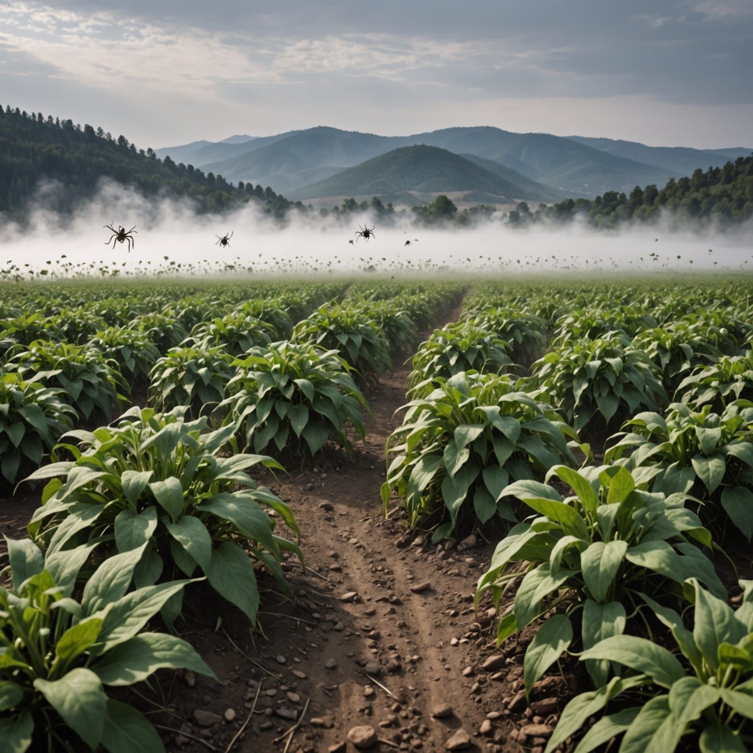 Spiders in Bean Field with Methane Mist