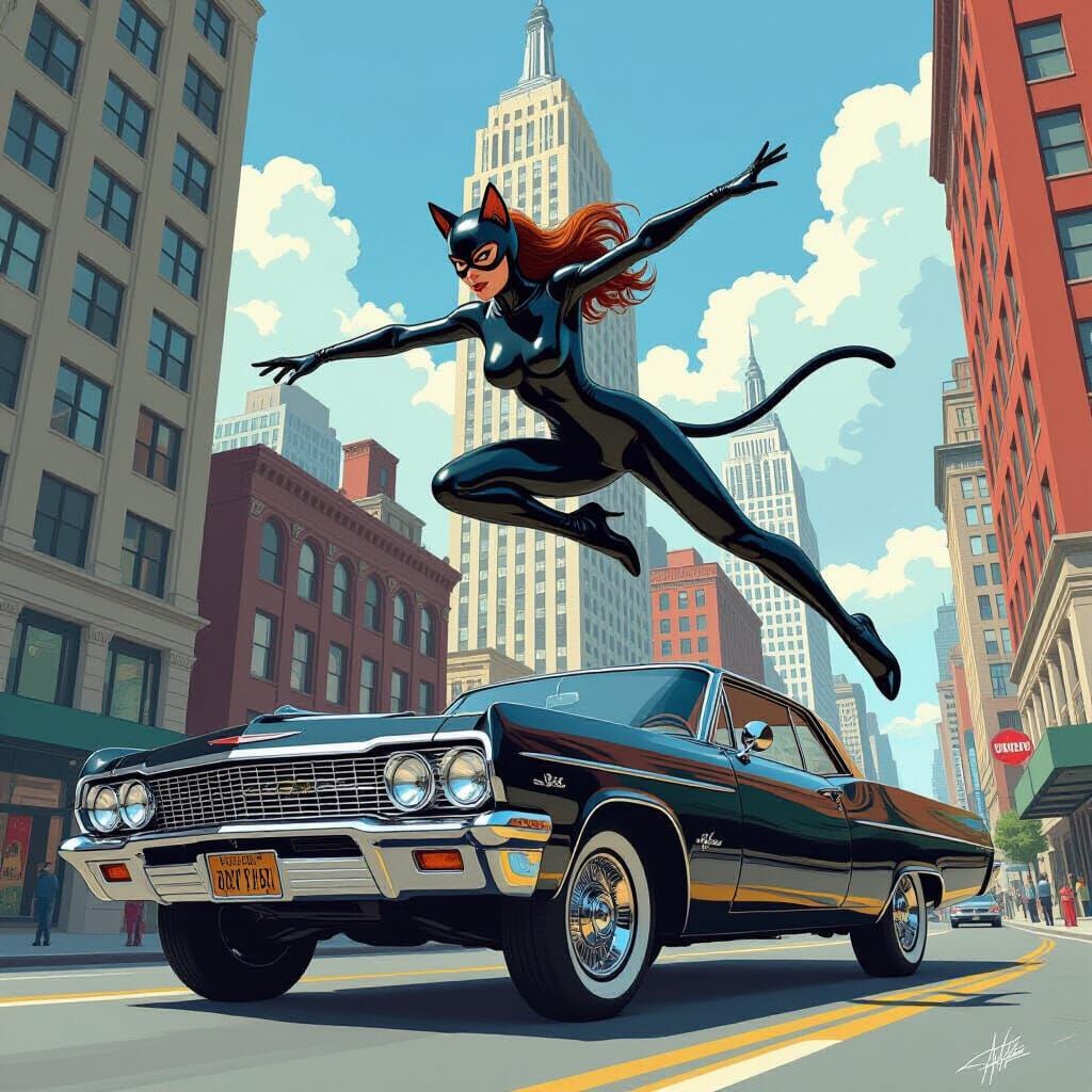 Catwoman Leaps onto 1965 Chevy in Cityscape