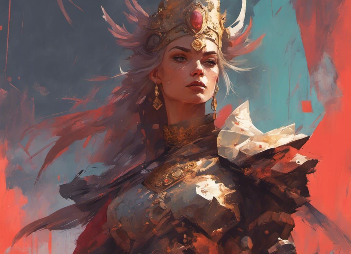 Elegant Warrior Queen Portrait with Glitchcore Aura