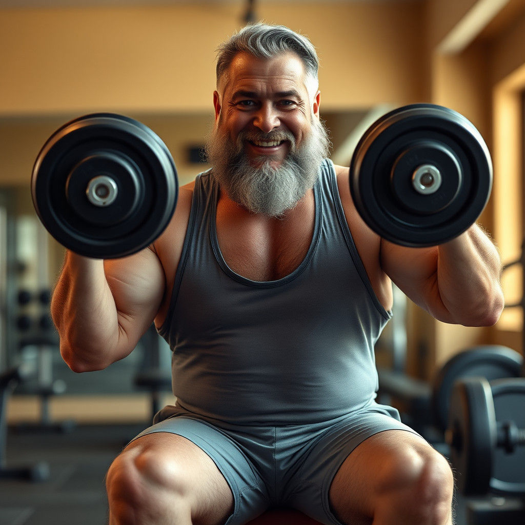 Confident Man with Dumbbells in Gym: Photorealistic Portrait