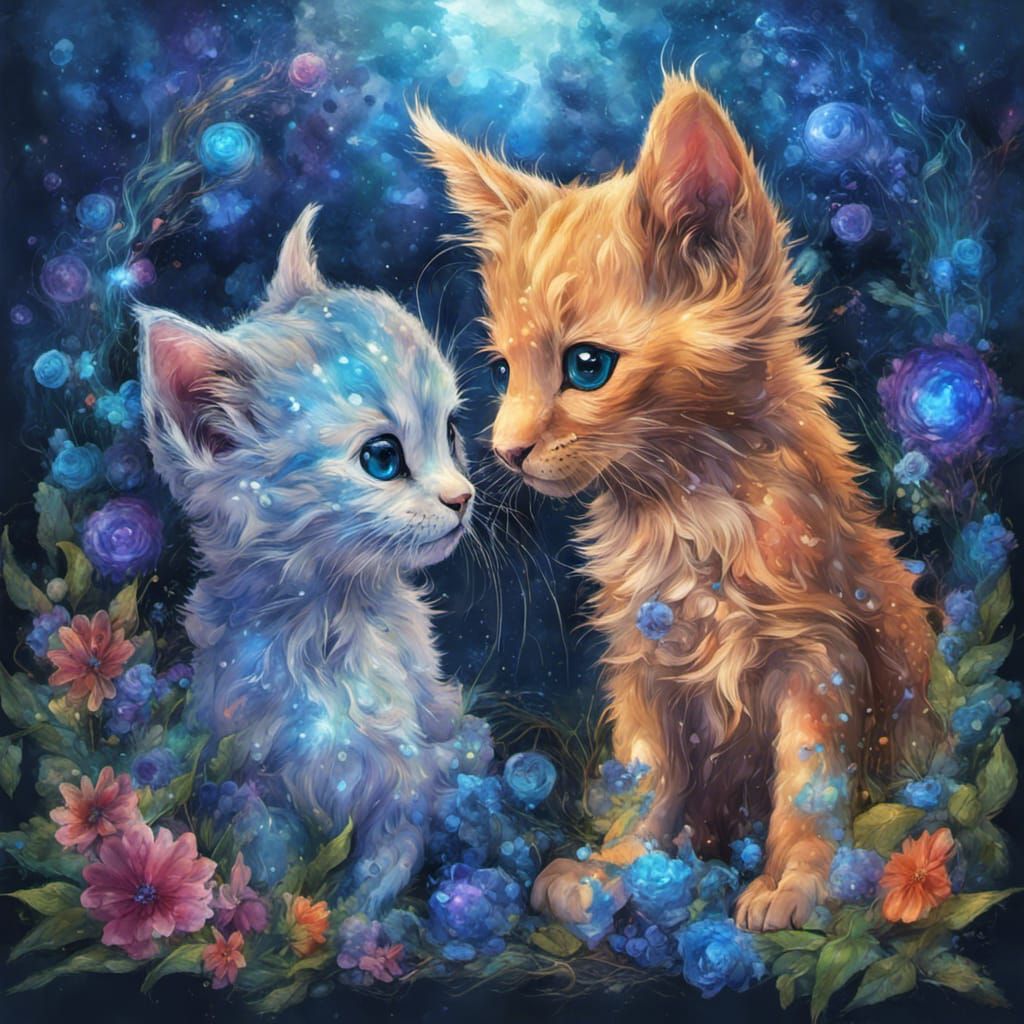 Puppy, Kitten, and Foal in a Bioluminescent Fantasy