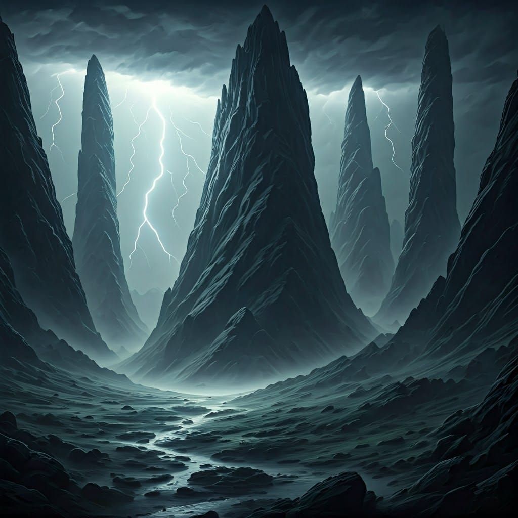 Epic Fantasy Stormscape with Jagged Rock Formations and Mist...