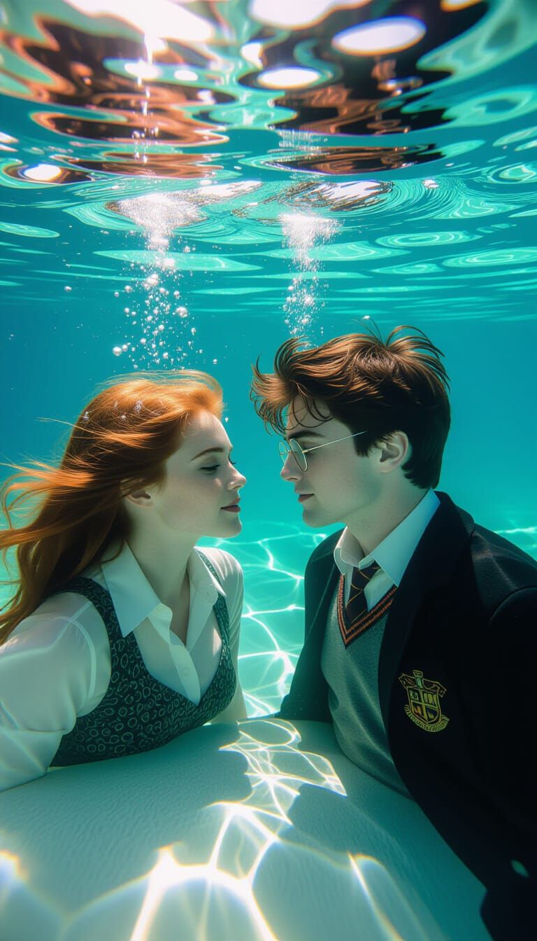 Ginny and Harry Underwater in Dreamlike Amaringo Style