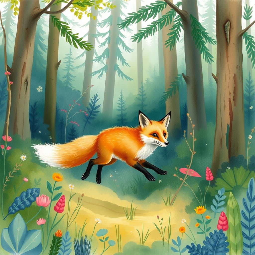 Swift Fox in a Vibrant Woodland, in Dreamy Watercolor Style