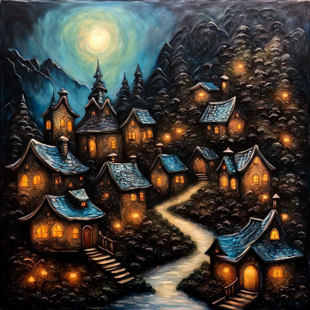 Encaustic Fairy Tale Village on Misty Mountain