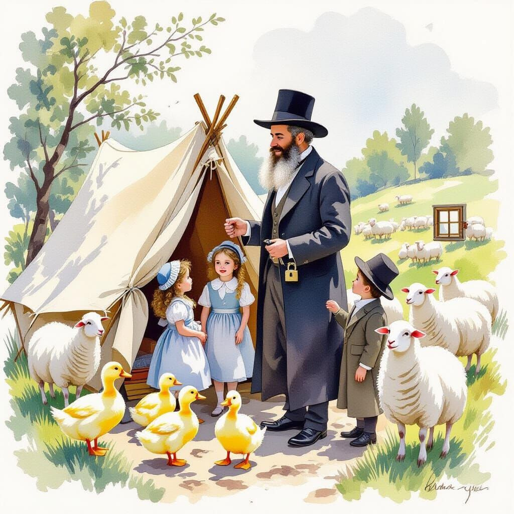 Whimsical Watercolor: Jewish Family with Animals