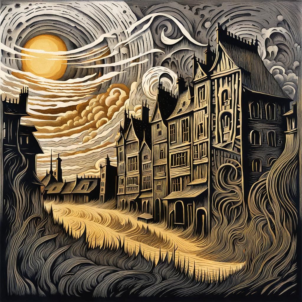 Dilapidated Town Under Relentless Sun as Woodcut Print