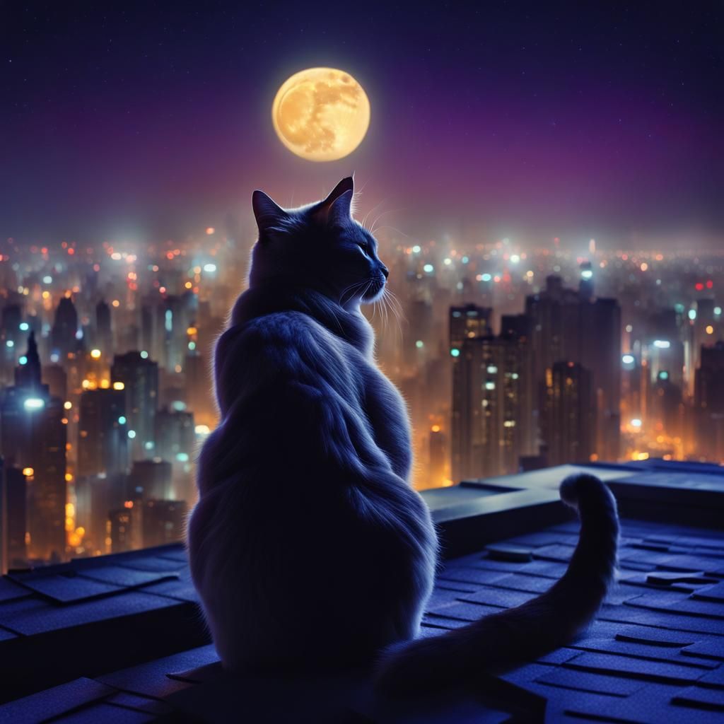 Night Cityscape Cat: Hyperrealistic Rooftop View
