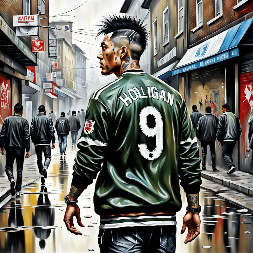 Punk Football Hooligan in Photorealistic Oil Painting