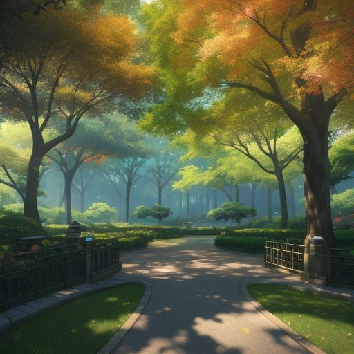 Vibrant Anime Park Scene with Lush Foliage and Birds