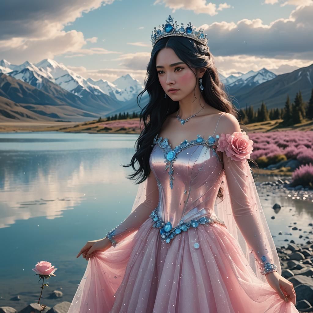 Anime Princess at Lake Tekapo in Watercolor Style