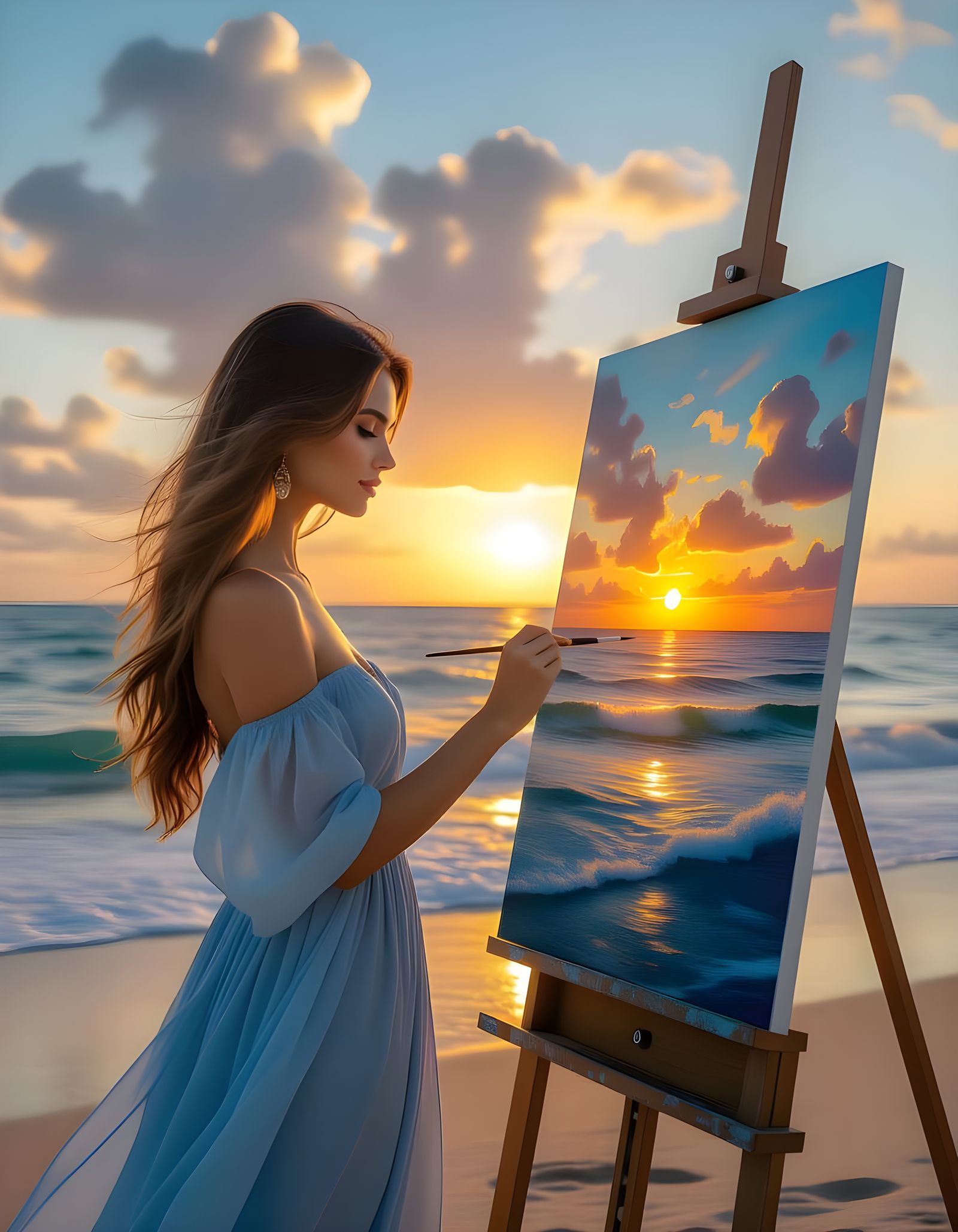 Woman Paints Ocean Sunset: Ultra HDR Photography