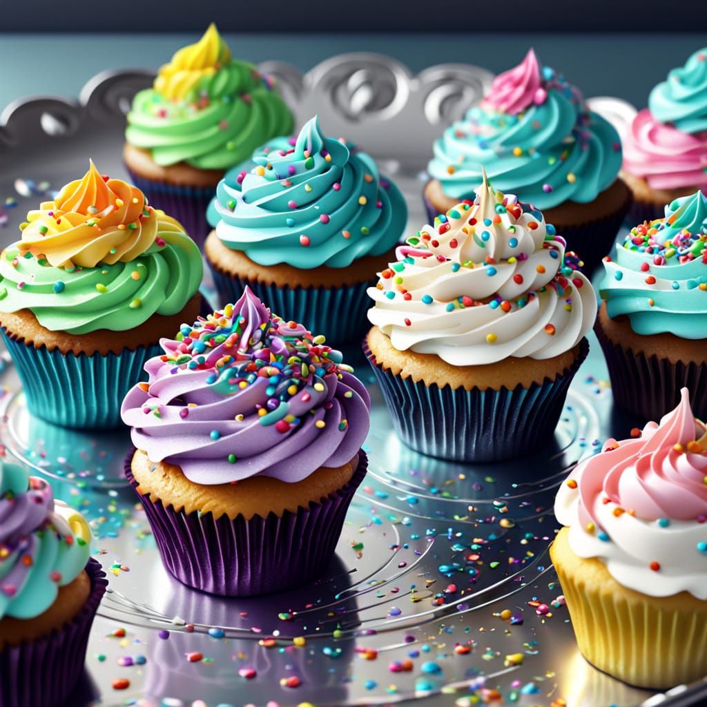 Colorful Cupcakes on Silver Platter: Whimsical Digital Art