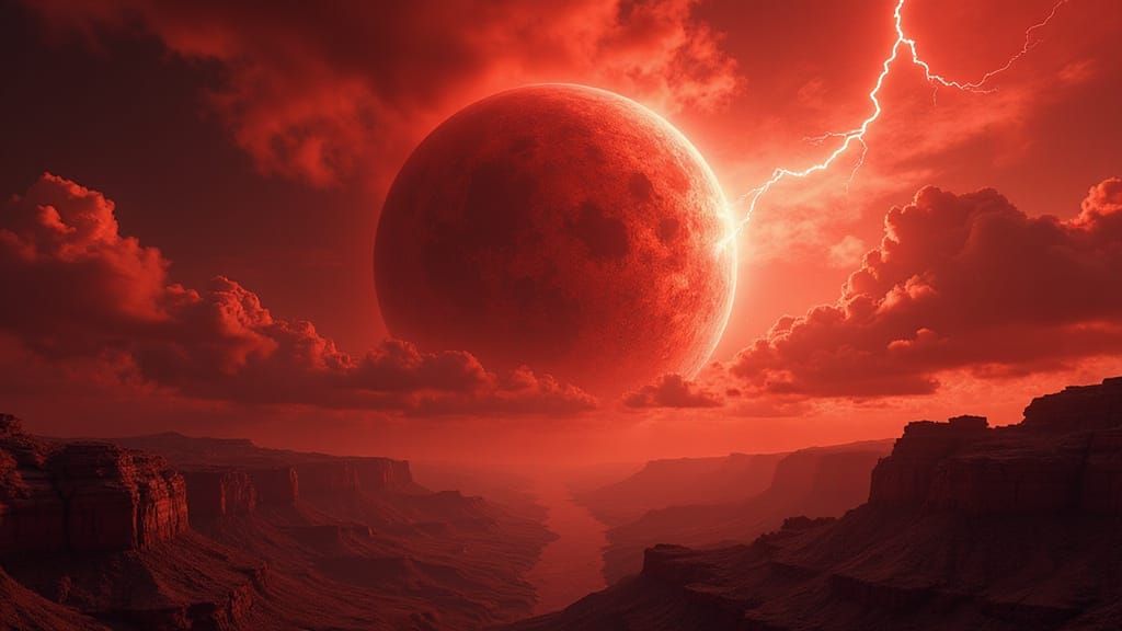 Diamond Planet with Red Clouds and Lightning