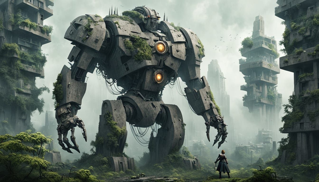 Brutalist Automaton Guards Overgrown Ancient City
