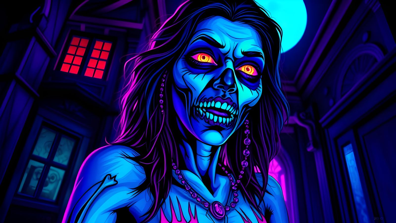 Latina Zombie Woman in Fluorescent Haunted House