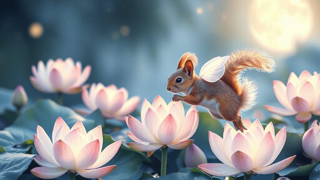 Squirrel as Lotus Fairy in Watercolor Painting