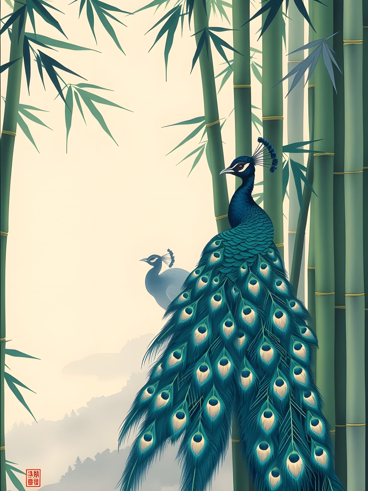 Serene Japanese Bamboo Forest with Majestic Peacocks